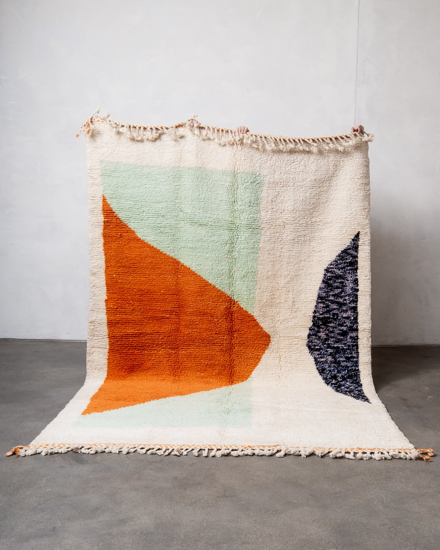 Modern, designer, handcrafted Berber rug from Morocco. Beniourain carpet with beautiful colours and patterns and fluffy wool texture.